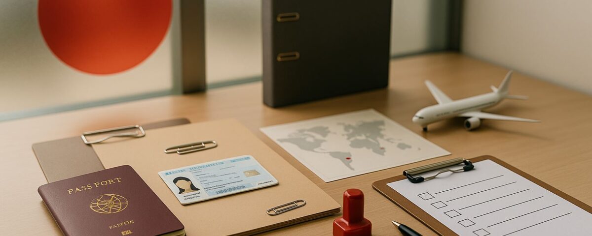 Syarat dokumen masa tinggal SSW di Jepang — komposisi meja visa modern dengan paspor, kartu residensi, checklist, stempel merah, dan miniatur pesawat.