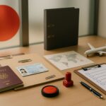 Syarat dokumen masa tinggal SSW di Jepang — komposisi meja visa modern dengan paspor, kartu residensi, checklist, stempel merah, dan miniatur pesawat.