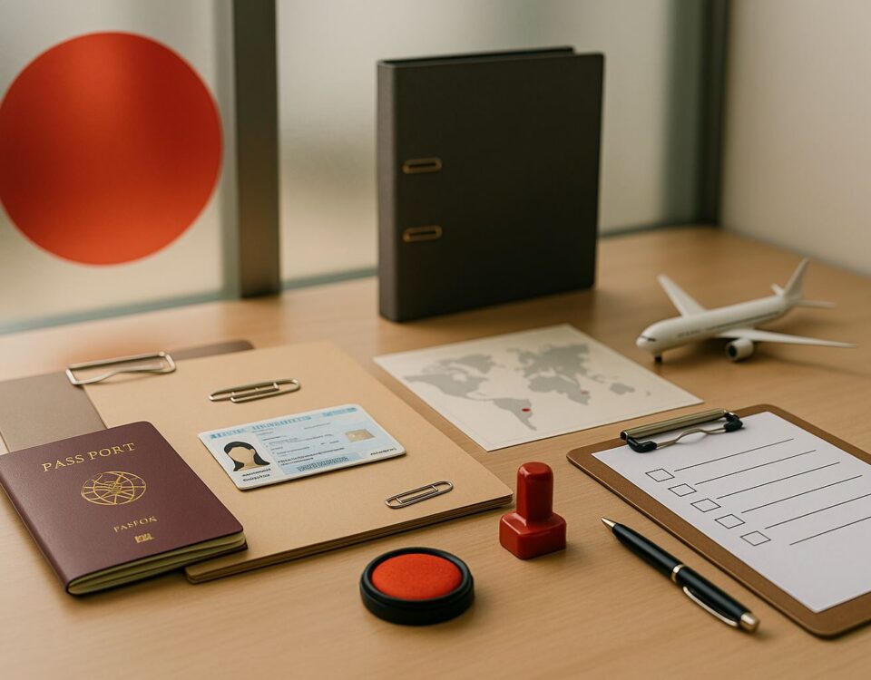Syarat dokumen masa tinggal SSW di Jepang — komposisi meja visa modern dengan paspor, kartu residensi, checklist, stempel merah, dan miniatur pesawat.