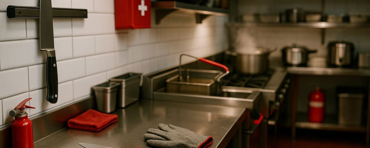 Keamanan kerja dapur Jepang di restoran modern—tata letak pisau, sarung tangan anti-cut, dan area penggorengan minyak panas tersusun rapi dengan aksen merah, ultra-realistic, landscape.