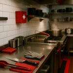Keamanan kerja dapur Jepang di restoran modern—tata letak pisau, sarung tangan anti-cut, dan area penggorengan minyak panas tersusun rapi dengan aksen merah, ultra-realistic, landscape.