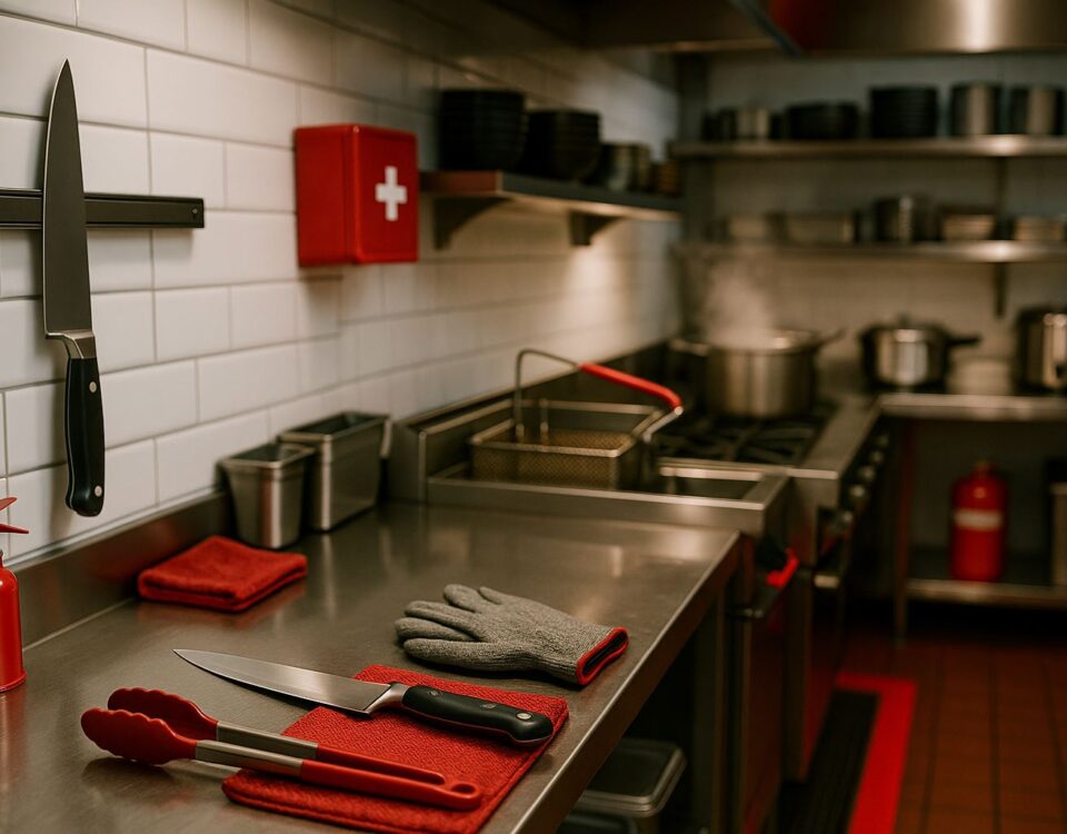 Keamanan kerja dapur Jepang di restoran modern—tata letak pisau, sarung tangan anti-cut, dan area penggorengan minyak panas tersusun rapi dengan aksen merah, ultra-realistic, landscape.