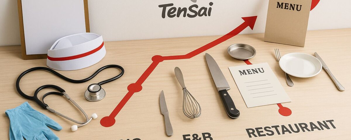 Peta jalur karier SSW 2026 bergaya foto profesional tanpa manusia, menampilkan roadmap visual untuk Care, F&B, dan Restoran dengan aksen merah yang modern