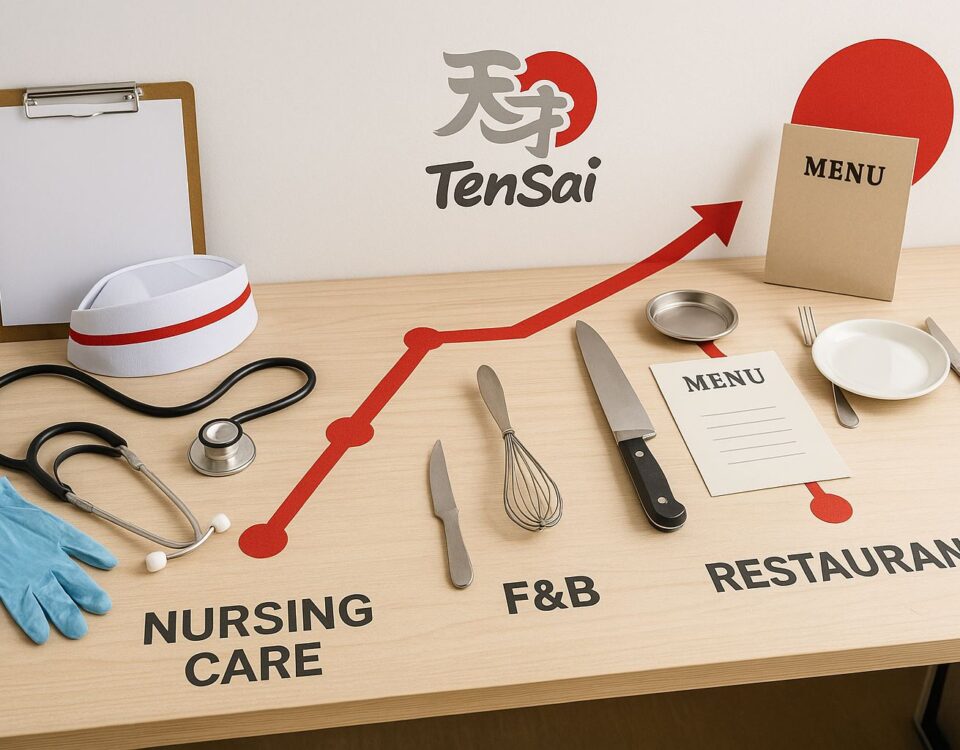 Peta jalur karier SSW 2026 bergaya foto profesional tanpa manusia, menampilkan roadmap visual untuk Care, F&B, dan Restoran dengan aksen merah yang modern