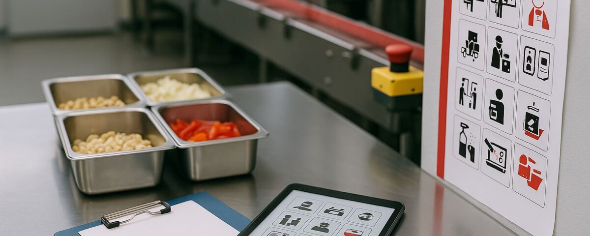 Audit mandiri frasa bahasa kerja nihongo di lini produksi makanan, meja stainless dengan bahan baku dan ikon prosedur, aksen merah modern.
