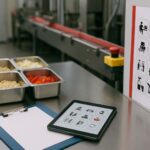 Audit mandiri frasa bahasa kerja nihongo di lini produksi makanan, meja stainless dengan bahan baku dan ikon prosedur, aksen merah modern.
