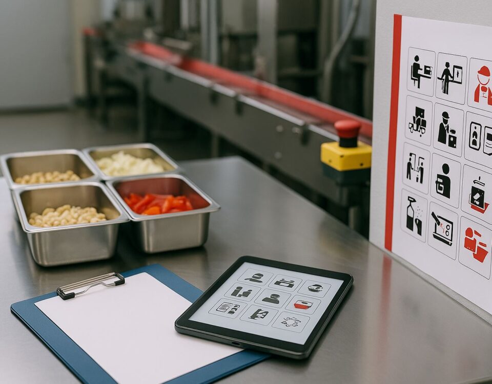 Audit mandiri frasa bahasa kerja nihongo di lini produksi makanan, meja stainless dengan bahan baku dan ikon prosedur, aksen merah modern.