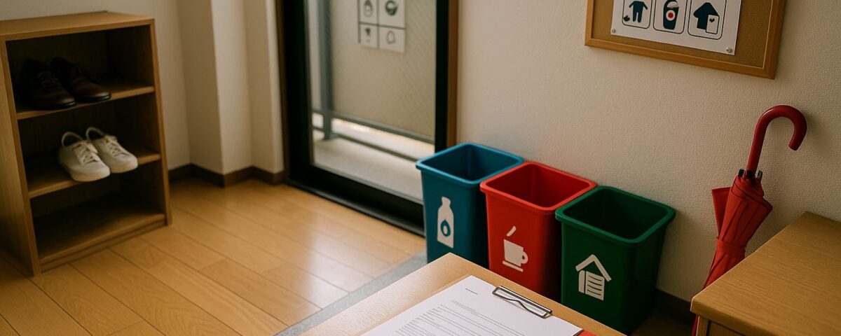 Etika tempat tinggal pekerja — interior apartemen Jepang yang rapi dengan kontrak di meja, tempat sampah terpilah, dan papan aturan lingkungan, tanpa kehadiran manusia, aksen merah lembut.