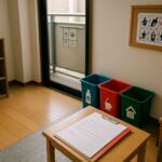 Etika tempat tinggal pekerja — interior apartemen Jepang yang rapi dengan kontrak di meja, tempat sampah terpilah, dan papan aturan lingkungan, tanpa kehadiran manusia, aksen merah lembut.