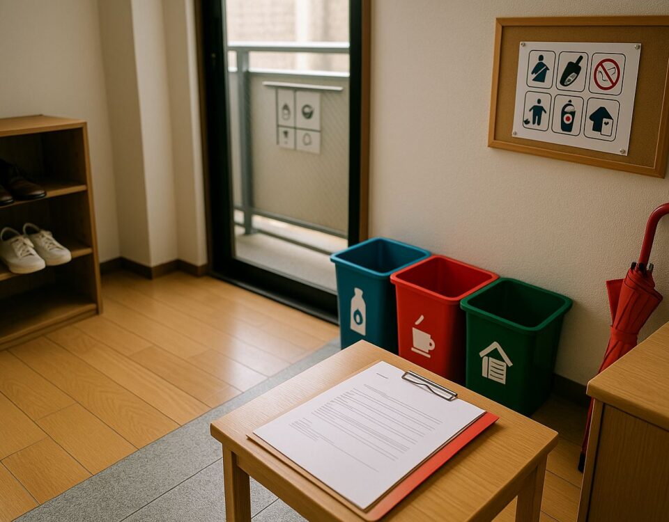 Etika tempat tinggal pekerja — interior apartemen Jepang yang rapi dengan kontrak di meja, tempat sampah terpilah, dan papan aturan lingkungan, tanpa kehadiran manusia, aksen merah lembut.
