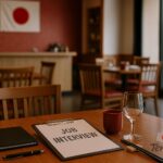 Interior restoran Jepang modern tanpa kehadiran manusia, menampilkan suasana profesional dengan meja kayu beraksen merah, gelas anggur, sumpit, dan pencahayaan lembut yang menggambarkan tren rekrutmen restoran Jepang masa kini.