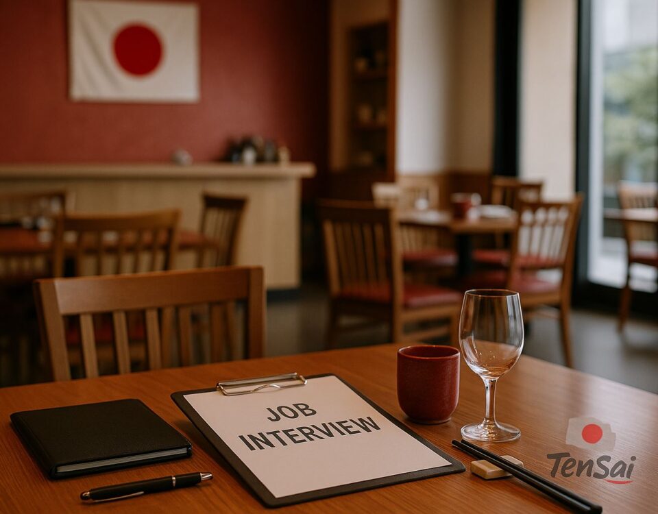 Interior restoran Jepang modern tanpa kehadiran manusia, menampilkan suasana profesional dengan meja kayu beraksen merah, gelas anggur, sumpit, dan pencahayaan lembut yang menggambarkan tren rekrutmen restoran Jepang masa kini.