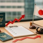 Alur legalitas SSW non-TITP: meja administrasi modern dengan paspor Indonesia, cap, map dokumen, papan ceklis, bendera Jepang, dan aksen merah yang menggambarkan rute pendaftaran, ujian keterampilan, serta validasi dokumen resmi.