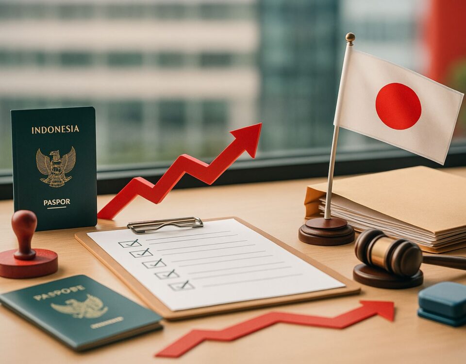 Alur legalitas SSW non-TITP: meja administrasi modern dengan paspor Indonesia, cap, map dokumen, papan ceklis, bendera Jepang, dan aksen merah yang menggambarkan rute pendaftaran, ujian keterampilan, serta validasi dokumen resmi.