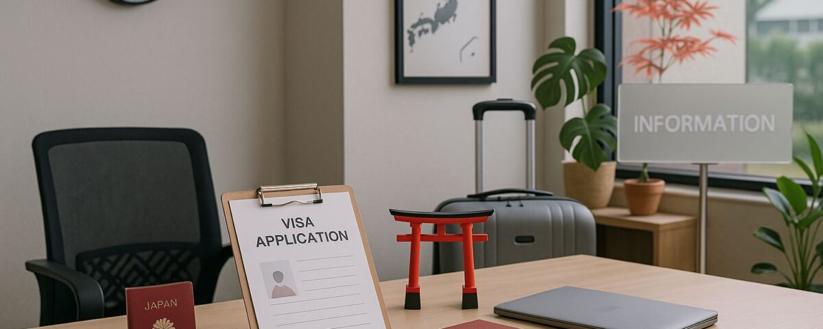Visual ultra-realistis bertema pertanyaan populer visa SSW: meja informasi imigrasi bergaya modern dengan aksen merah, tanpa manusia, suasana profesional di Jawa Barat.