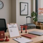 Visual ultra-realistis bertema pertanyaan populer visa SSW: meja informasi imigrasi bergaya modern dengan aksen merah, tanpa manusia, suasana profesional di Jawa Barat.