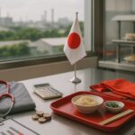 Kenaikan upah minimum Jepang 2025 dan dampaknya pada sektor care, restoran, dan pengolahan makanan, divisualkan tanpa manusia, aksen abu-abu dan merah.