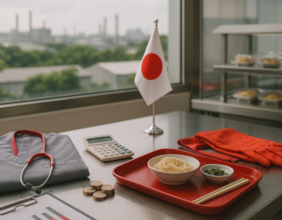 Kenaikan upah minimum Jepang 2025 dan dampaknya pada sektor care, restoran, dan pengolahan makanan, divisualkan tanpa manusia, aksen abu-abu dan merah.