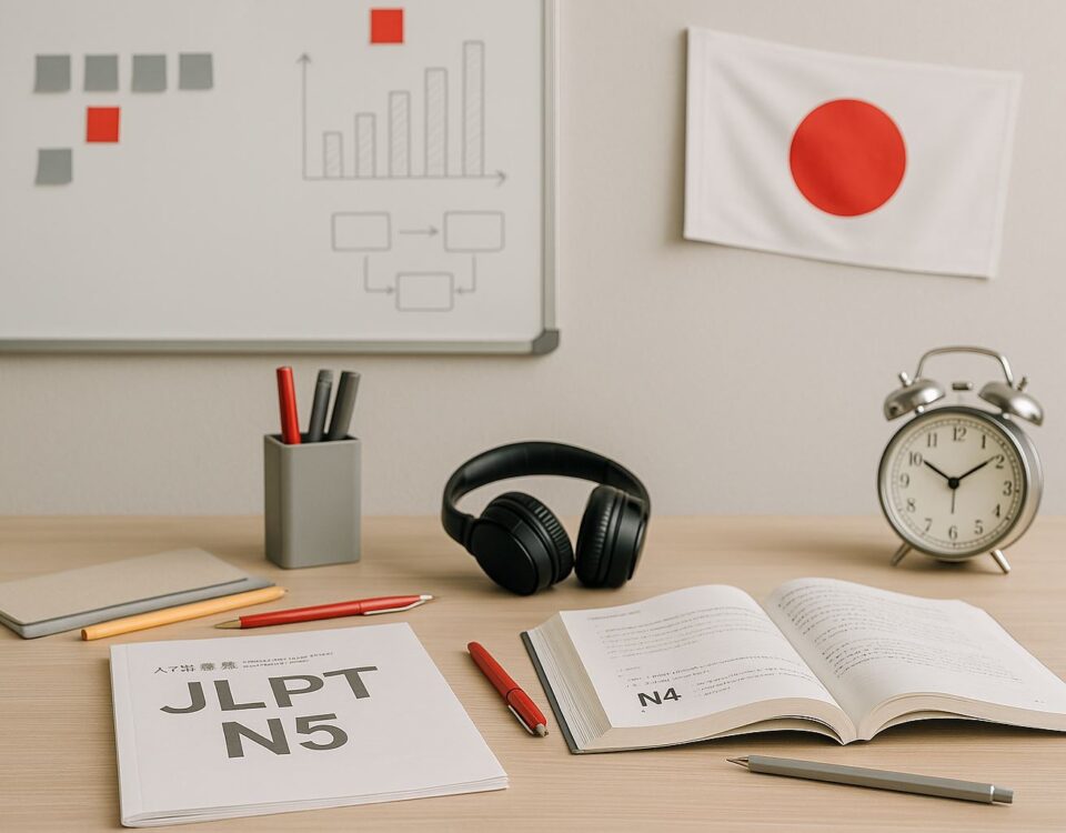 Strategi persiapan JLPT N5–N4 jelang jadwal JLPT Desember 2025—setup belajar realistis tanpa manusia dengan aksen abu-abu dan merah.