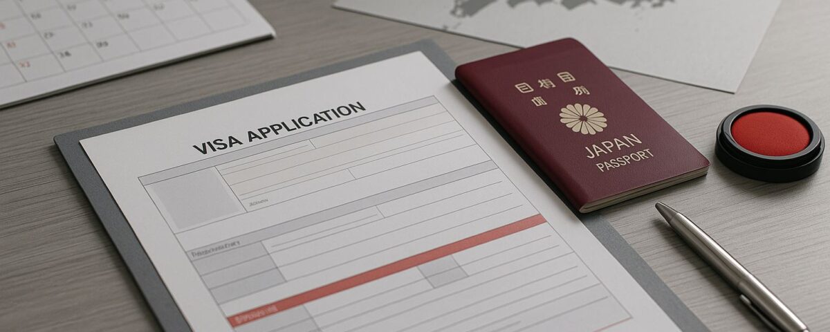 Syarat dokumen visa SSW: visual profesional tanpa teks menyorot formulir, paspor, dan stempel sebagai simbol kelengkapan