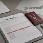 Syarat dokumen visa SSW: visual profesional tanpa teks menyorot formulir, paspor, dan stempel sebagai simbol kelengkapan