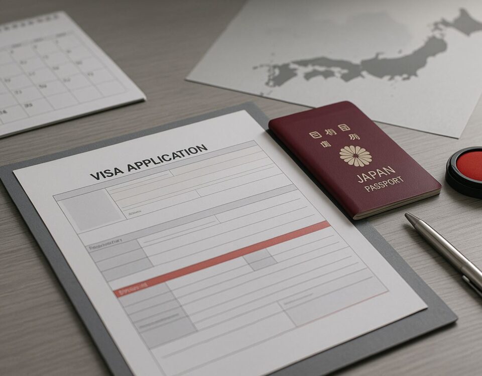 Syarat dokumen visa SSW: visual profesional tanpa teks menyorot formulir, paspor, dan stempel sebagai simbol kelengkapan