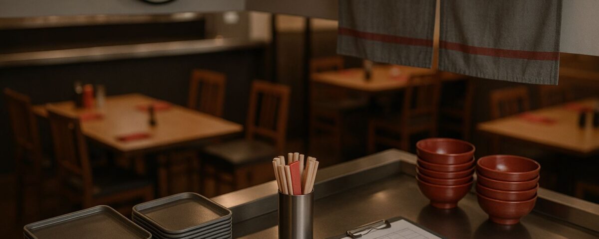 Kekurangan tenaga restoran Jepang tergambar lewat dapur servis kosong dengan mangkuk merah dan peralatan abu-abu menandakan jam kerja terpangkas