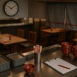Kekurangan tenaga restoran Jepang tergambar lewat dapur servis kosong dengan mangkuk merah dan peralatan abu-abu menandakan jam kerja terpangkas