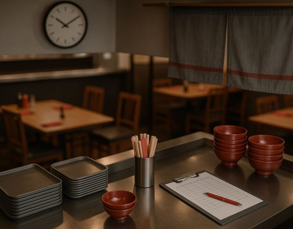 Kekurangan tenaga restoran Jepang tergambar lewat dapur servis kosong dengan mangkuk merah dan peralatan abu-abu menandakan jam kerja terpangkas