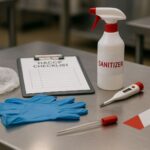 Higiene keamanan pangan SSW: komposisi alat sanitasi dapur industri dengan sarung tangan, hairnet, termometer, dan botol semprot di atas meja stainless