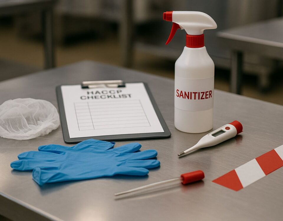 Higiene keamanan pangan SSW: komposisi alat sanitasi dapur industri dengan sarung tangan, hairnet, termometer, dan botol semprot di atas meja stainless