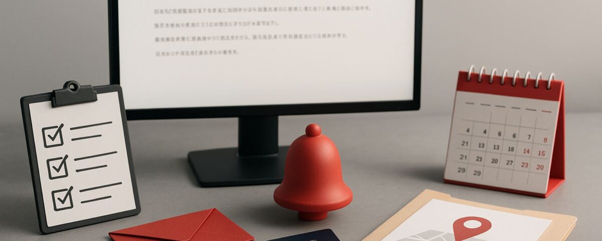 Informasi resmi SSW Jepang: ilustrasi notifikasi pengumuman, jadwal, dan berkas job-matching tanpa teks
