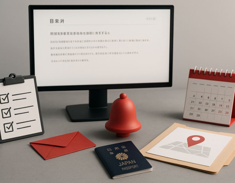 Informasi resmi SSW Jepang: ilustrasi notifikasi pengumuman, jadwal, dan berkas job-matching tanpa teks