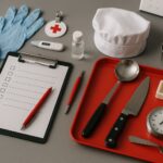 Ujian keterampilan SSW Indonesia untuk sektor care dan F&B—still life realistis alat medis dan peralatan dapur bernuansa abu-abu merah