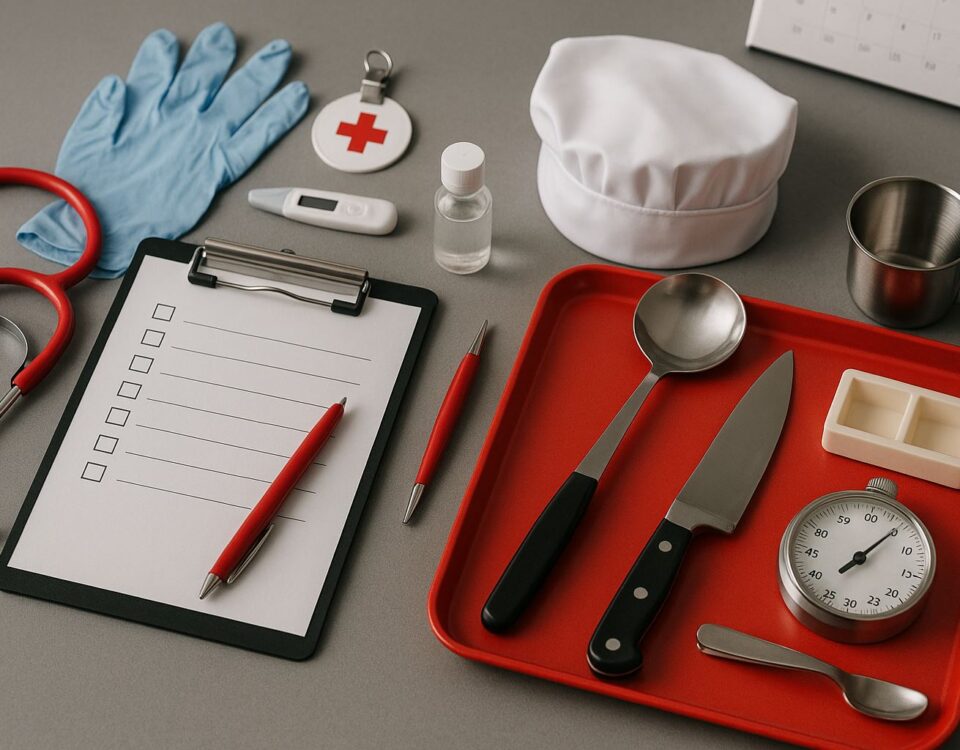 Ujian keterampilan SSW Indonesia untuk sektor care dan F&B—still life realistis alat medis dan peralatan dapur bernuansa abu-abu merah
