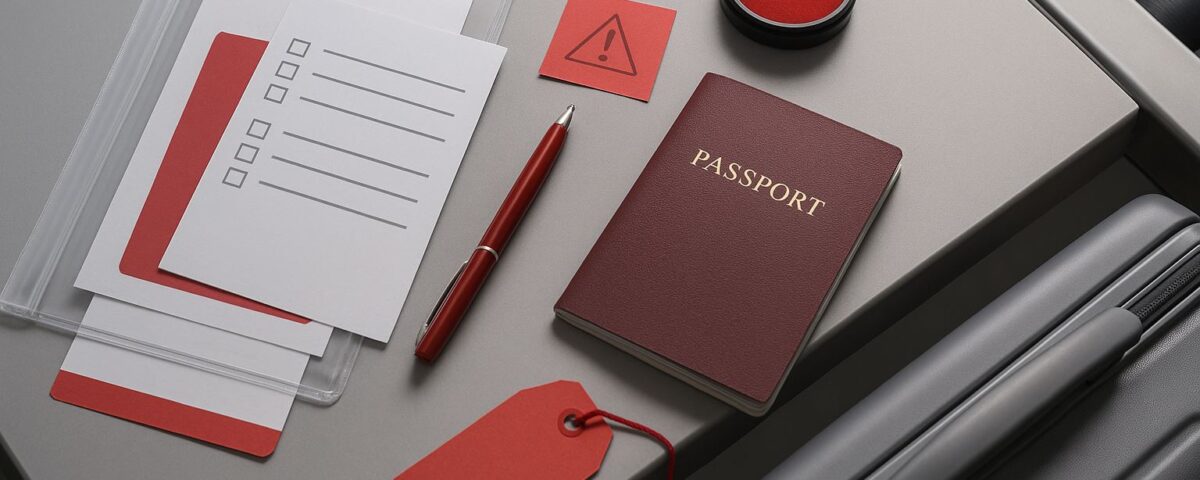 Dokumen visa SSW terbaru: flat-lay profesional tanpa teks menyorot paspor, map dokumen, stempel, dan tag merah jelang keberangkatan