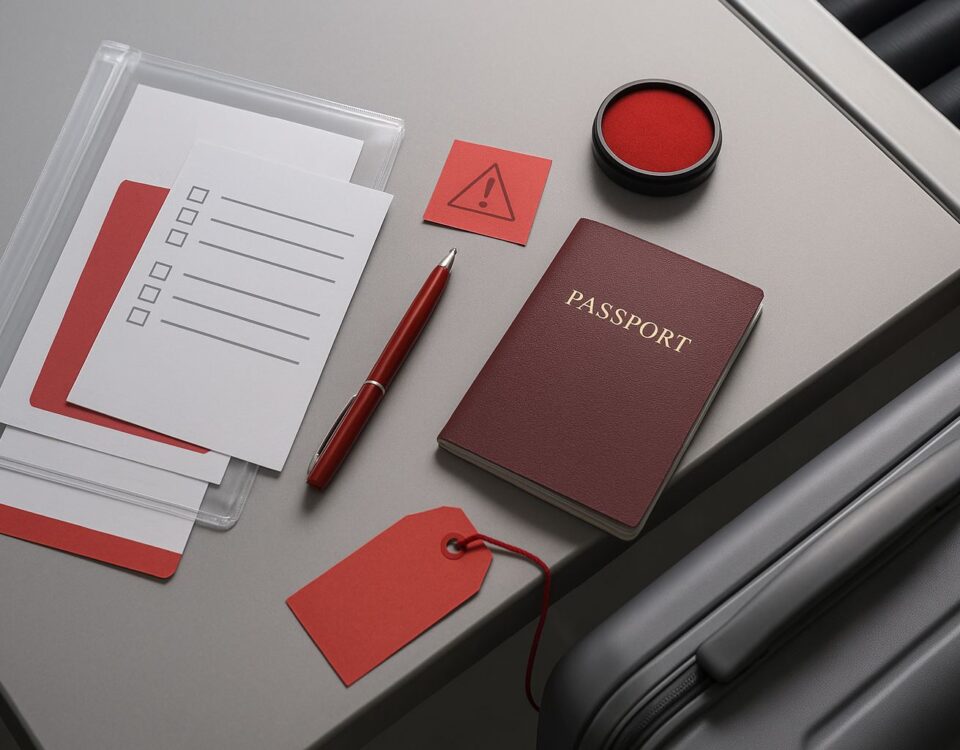 Dokumen visa SSW terbaru: flat-lay profesional tanpa teks menyorot paspor, map dokumen, stempel, dan tag merah jelang keberangkatan