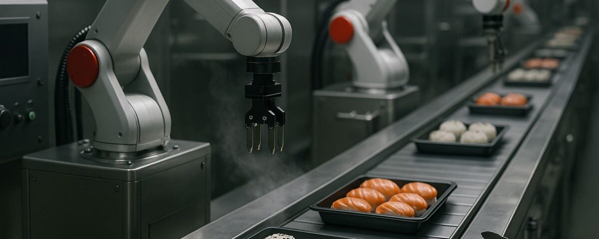Otomasi industri makanan Jepang: lini robotik mengemas sushi dengan aksen abu-abu dan merah, menyorot tren 2025 dan kompetensi SSW