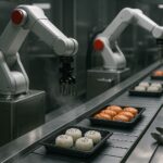Otomasi industri makanan Jepang: lini robotik mengemas sushi dengan aksen abu-abu dan merah, menyorot tren 2025 dan kompetensi SSW