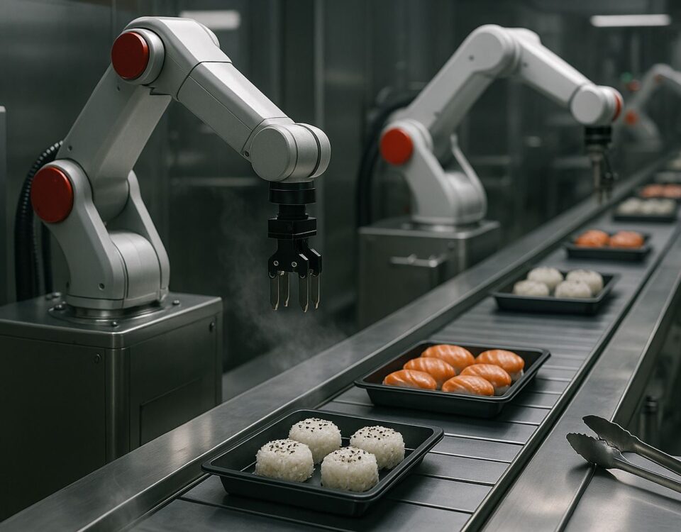 Otomasi industri makanan Jepang: lini robotik mengemas sushi dengan aksen abu-abu dan merah, menyorot tren 2025 dan kompetensi SSW