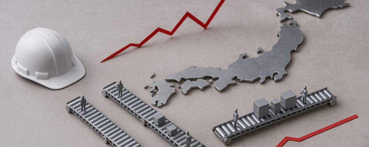 Prospek tenaga kerja asing 2026: visual editorial tanpa teks yang menyorot alur produksi Jepang dan indikator pertumbuhan merah