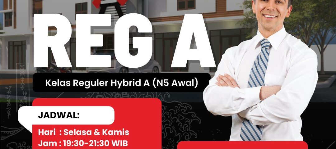 Kelas Bahasa Jepang N5 Awal Reguler Hybrid A Tensai Indonesia—jadwal Selasa & Kamis 19.30–21.30 WIB, mulai 23 Desember 2025.