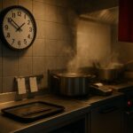 Jam kerja restoran Jepang digambarkan lewat dapur tanpa manusia dengan jam dinding, panci beruap, dan aksen abu-abu merah—fokus: jam kerja restoran jepang
