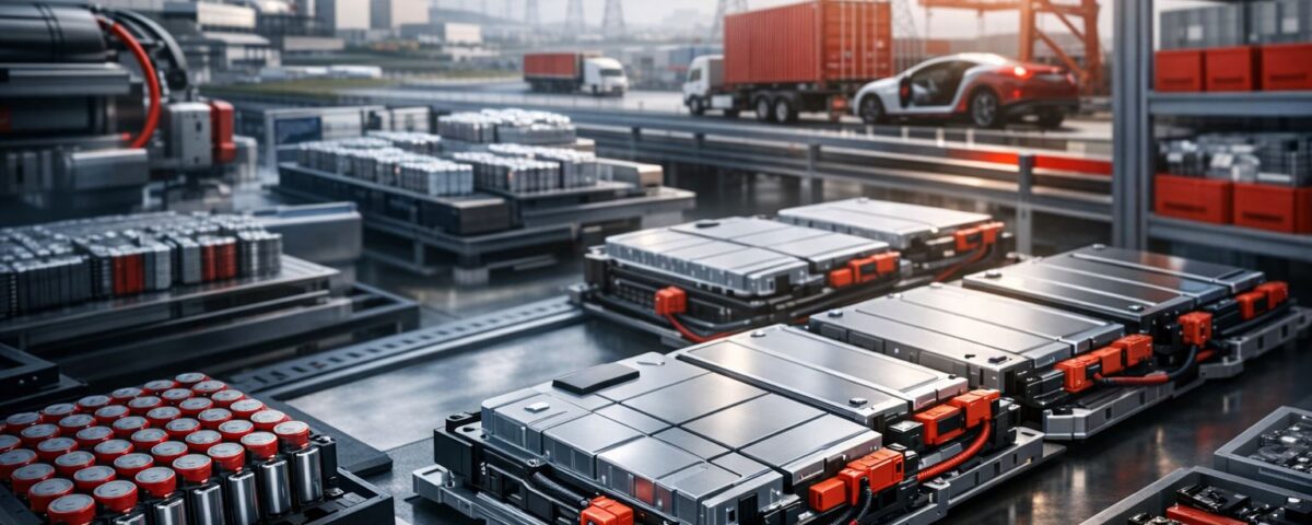 Rantai pasok baterai EV di kawasan industri Karawang dengan modul baterai dan logistik pabrik berteknologi tinggi