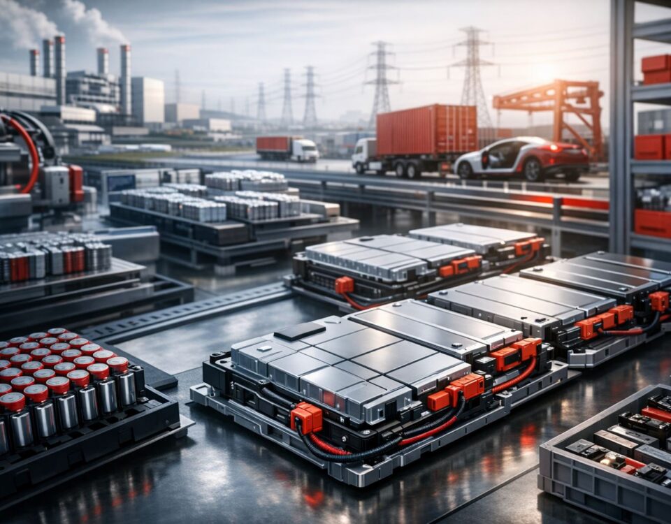 Rantai pasok baterai EV di kawasan industri Karawang dengan modul baterai dan logistik pabrik berteknologi tinggi