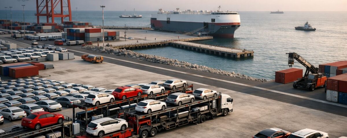 Pelabuhan Patimban ekspor otomotif dengan area terminal kendaraan, kapal RoRo, dan logistik industri Jawa Barat