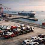 Pelabuhan Patimban ekspor otomotif dengan area terminal kendaraan, kapal RoRo, dan logistik industri Jawa Barat