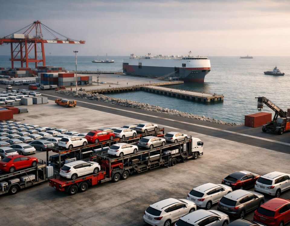 Pelabuhan Patimban ekspor otomotif dengan area terminal kendaraan, kapal RoRo, dan logistik industri Jawa Barat