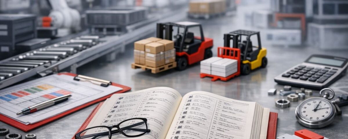 Ilustrasi istilah Jepang PPIC produksi di lingkungan pabrik manufaktur dengan elemen perencanaan, logistik, dan kontrol produksi