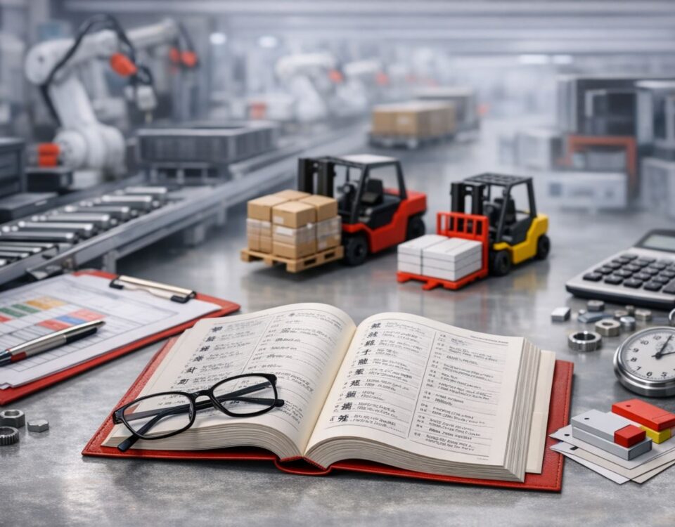 Ilustrasi istilah Jepang PPIC produksi di lingkungan pabrik manufaktur dengan elemen perencanaan, logistik, dan kontrol produksi
